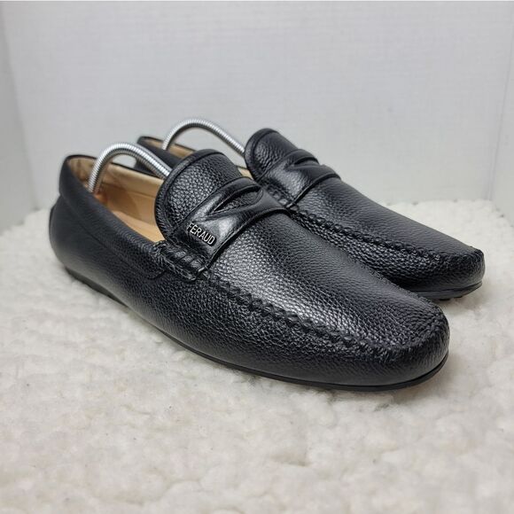 Louis Feraud Paris Mens Driving Boat Loafer Size 9.5 Black Pebbled Leather Shoes